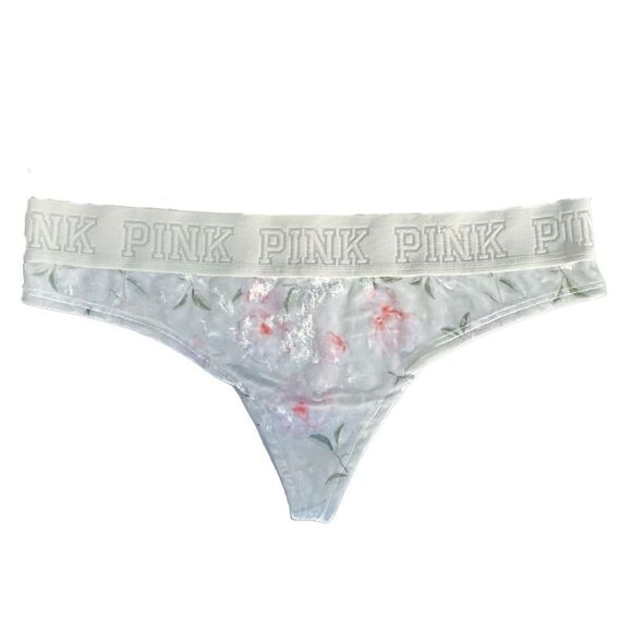 VS Pink Low Rise Velvet Thong - Cream Floral (M) - Picture 5 of 6